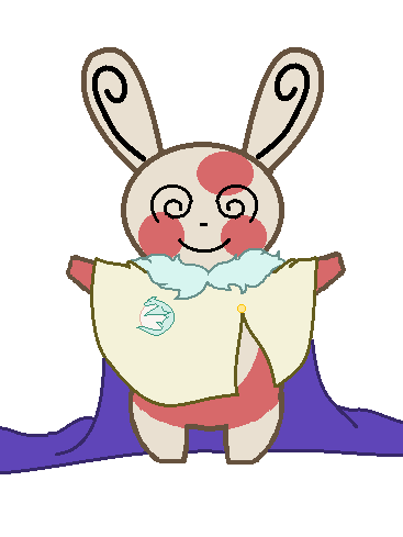 A digital drawing of a cream and red panda creature wearing a robe with a fluffy collar. The front of the robe is tan and bears an emblem of a dragon wrapped around a pearl. The rest of the robe's deep purple fabric pools around the creature's short legs. The creature is smiling and holding out its arms in welcome.